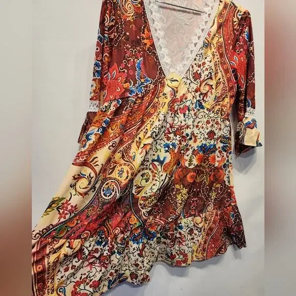 New Fall Colorful Dress Flowy Boho V-Neck Beach Dress Size L - Picture 4 of 9